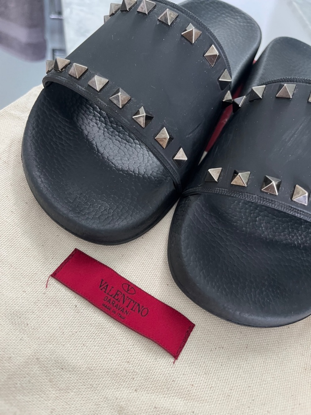 Valentino Black Rockstud Pool Slides.